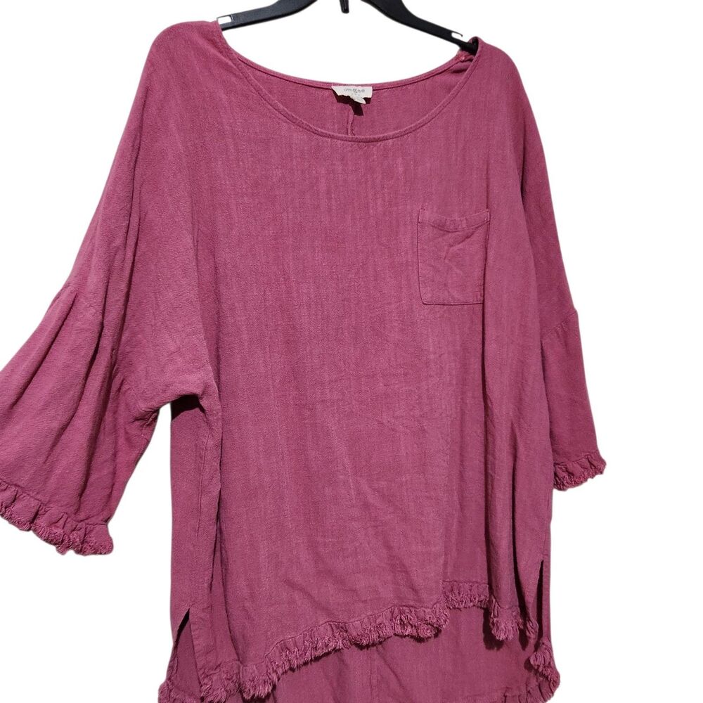 Umgee Womens Tunic Top Linen Blend Size Medium Pink Hi-Low Fringed Hem.